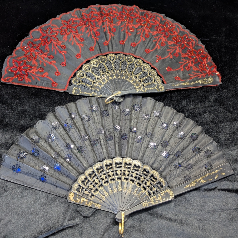 Lot 2 RED & Black Embroidered Fabric Folding Handheld Fan Sequin Party Bridal